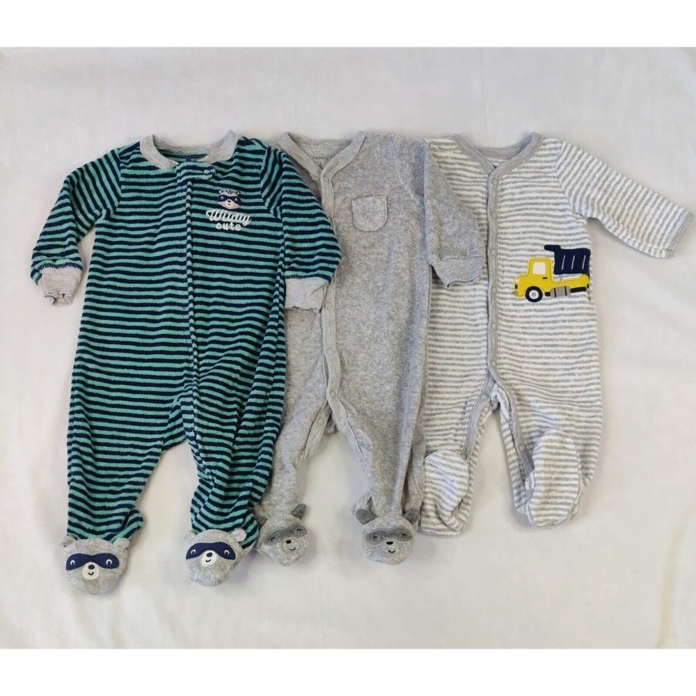 3 Months Carter's Raccoon Terry Sleeper Baby Boy Sleep Play  Footed Lot Of 3